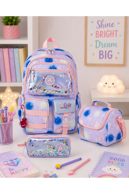 Love Valice Pullu Kız Çocuk Okul Çantası 3'lü Set - Mor Lacivert