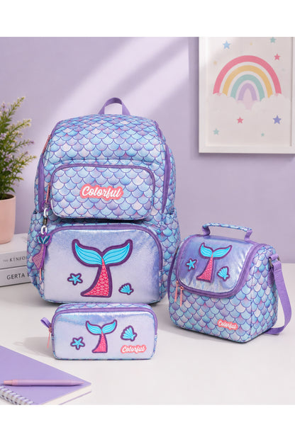 Kız Çocuk Desenli Ortopedik Okul Çantası 3'lü Set - Lila Denizkızı