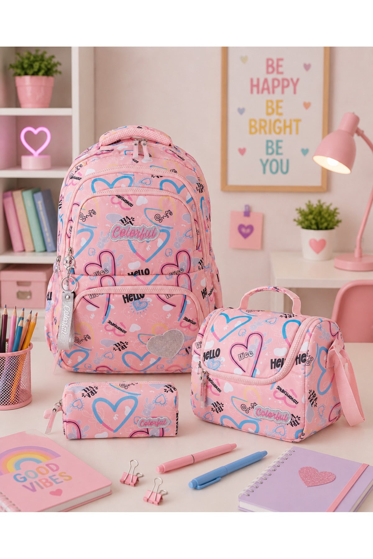 Kız Çocuk Kalpli Ortopedik Okul Çantası 3'lü Set - Pembe