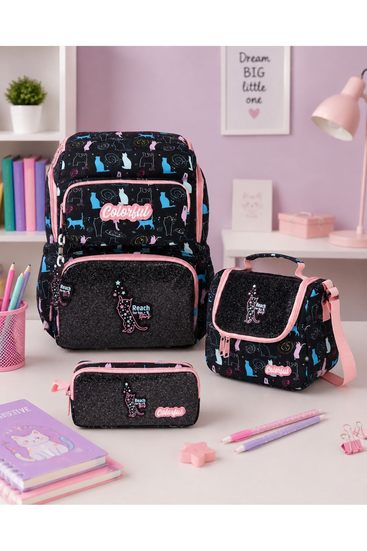 Kız Çocuk Desenli Ortopedik Okul Çantası 3'lü Set - Siyah Pembe Kedili