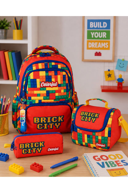 Erkek Çocuk Ortopedik Okul Çantası 3'lü Set (Beslenme + Kalemlik) - Turuncu Lego