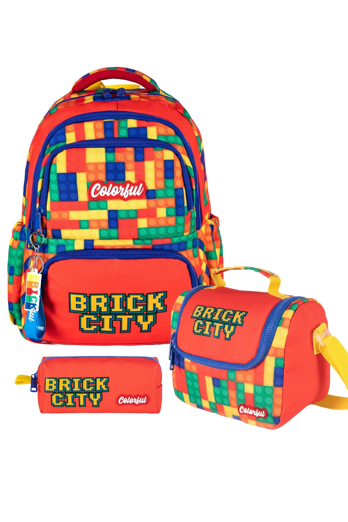 Erkek Çocuk Ortopedik Okul Çantası 3'lü Set (Beslenme + Kalemlik) - Turuncu Lego