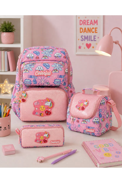 Kız Çocuk Desenli Ortopedik Okul Çantası 3'lü Set - Pembe Çiçekli Dance