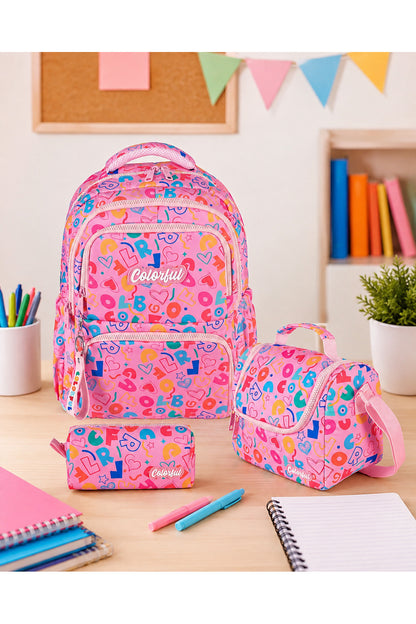 Kız Çocuk Harf Desenli Ortopedik Okul Çantası 3'lü Set - Pembe