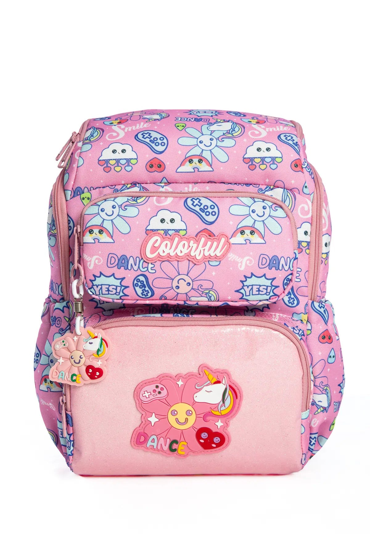 Kız Çocuk Desenli Ortopedik Okul Çantası 3'lü Set - Pembe Çiçekli Dance