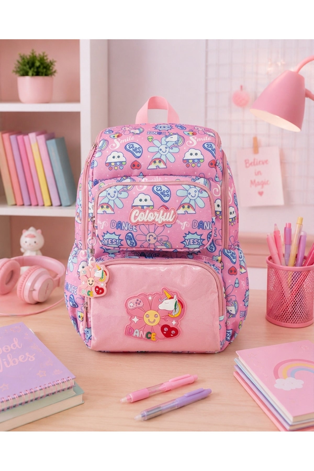 Kız Çocuk Desenli Ortopedik Okul Çantası 3'lü Set - Pembe Çiçekli Dance