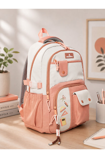 Çok Gözlü 16 İnç Laptop Bölmeli Soft Kumaş Sırt Çantası - Ortaokul, Lise - Pembe