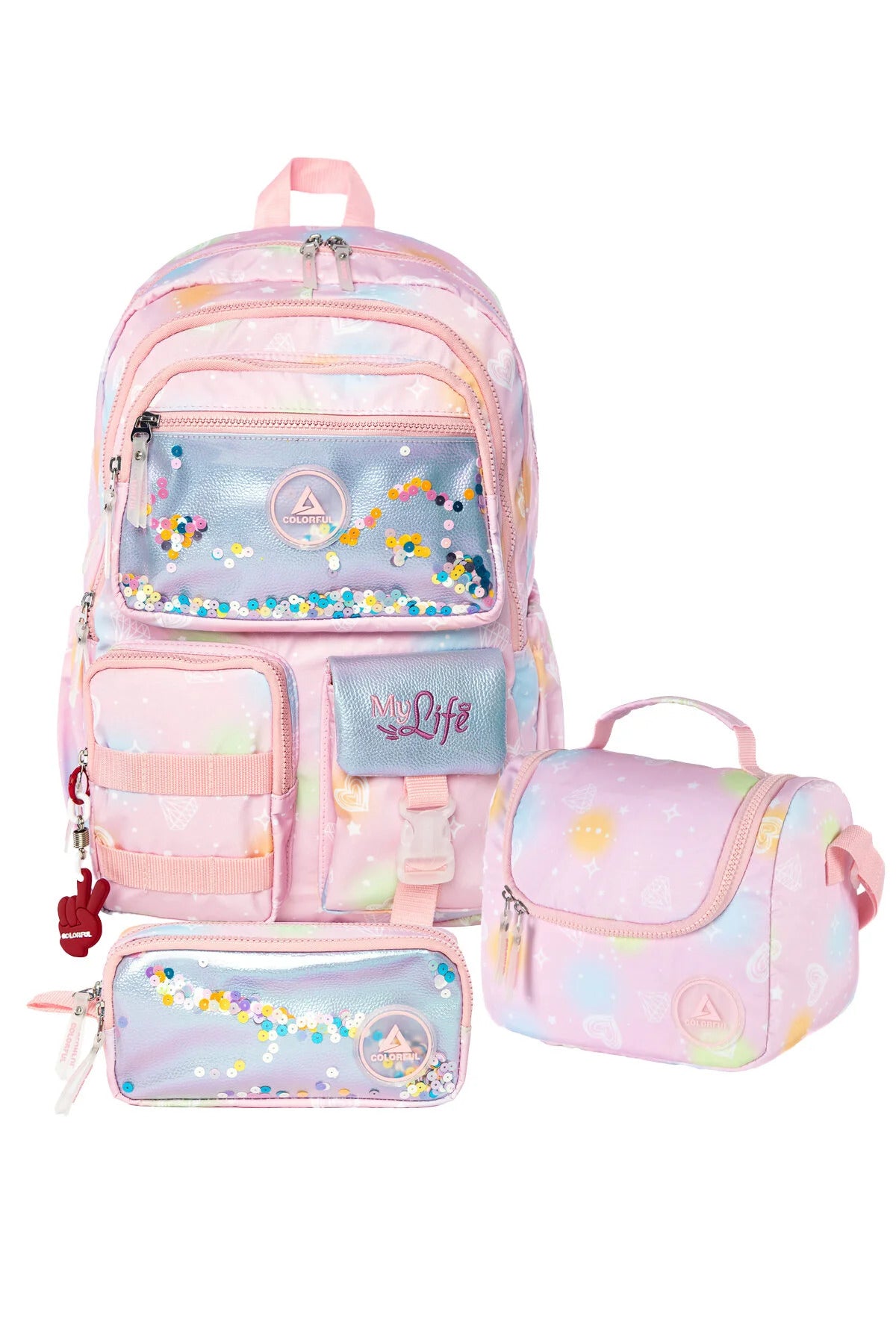 Kız Çocuk Desenli Ortopedik Okul Çantası 3'lü Set - Pembe Pullu Yıldızlı