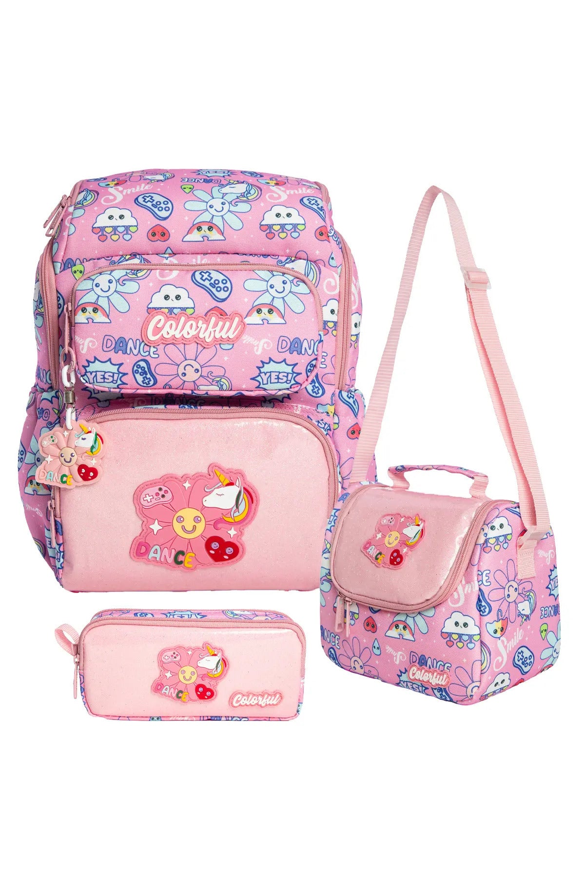 Kız Çocuk Desenli Ortopedik Okul Çantası 3'lü Set - Pembe Çiçekli Dance
