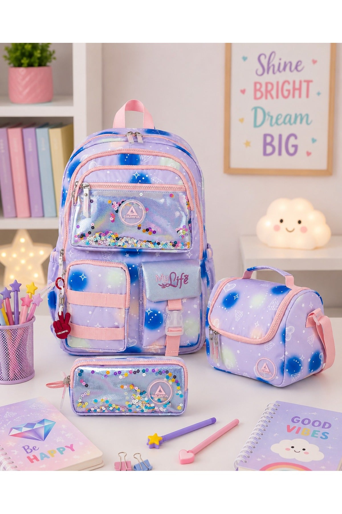 Kız Çocuk Desenli Ortopedik Okul Çantası 3'lü Set - Lila Pullu Yıldızlı