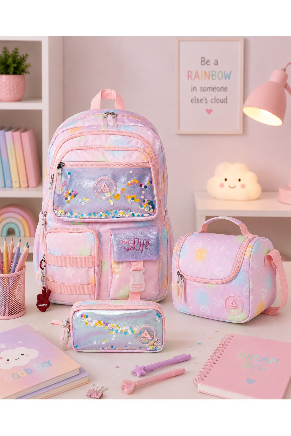 Kız Çocuk Desenli Ortopedik Okul Çantası 3'lü Set - Pembe Pullu Yıldızlı