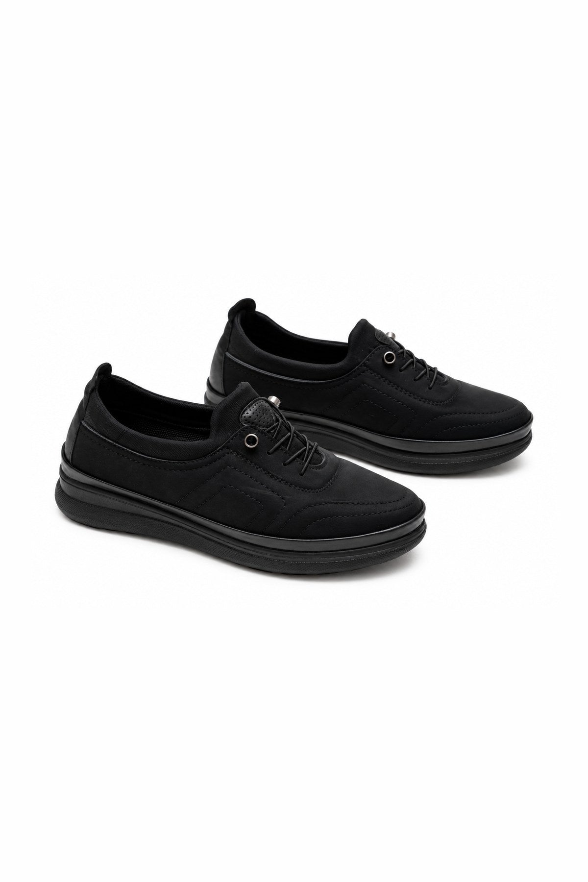Bağcıklı Streç 4 Nokta Ortopedik Kadın Sneaker - Siyah