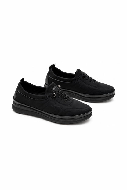 Bağcıklı Streç 4 Nokta Ortopedik Kadın Sneaker - Siyah