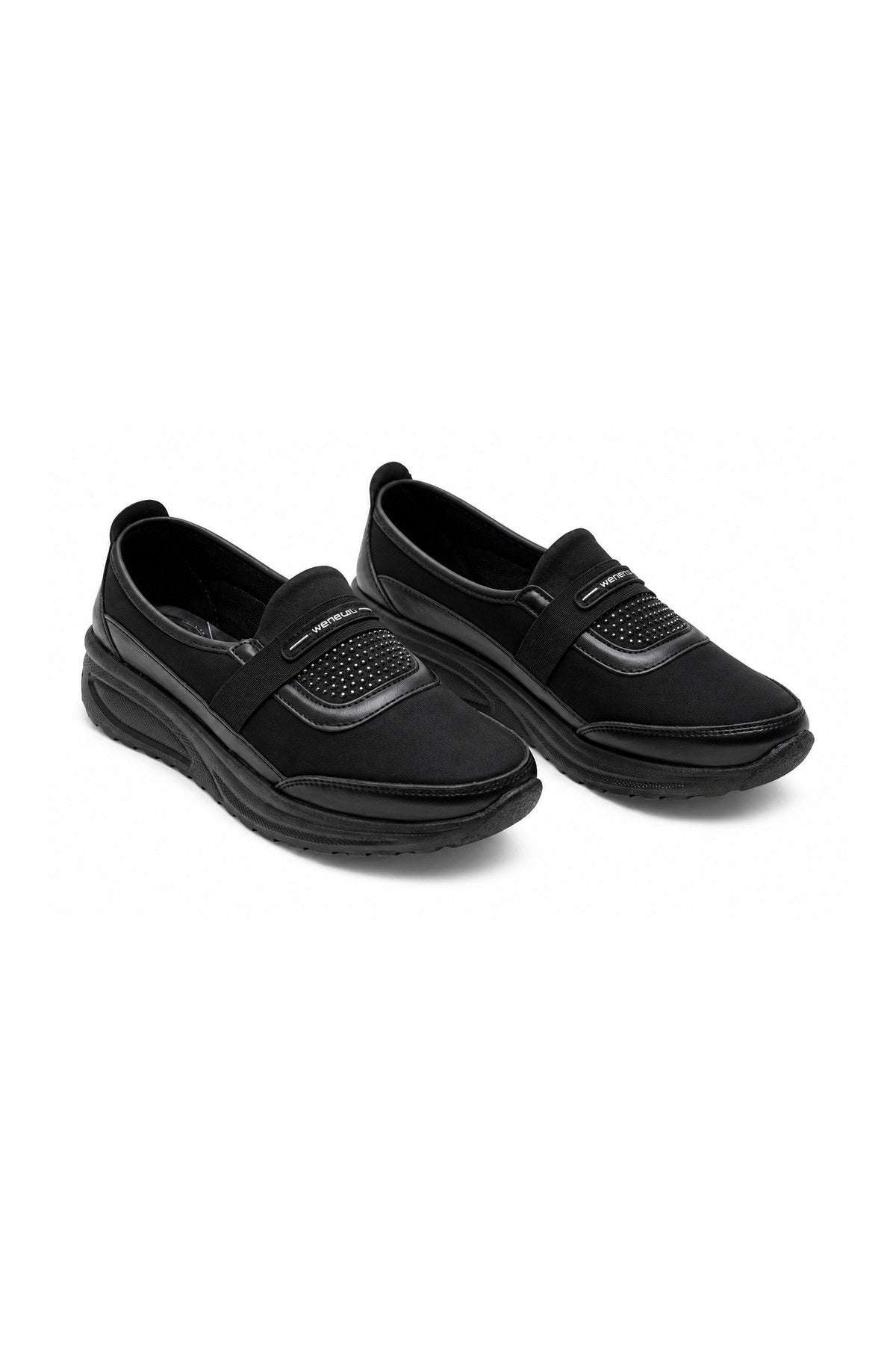 Taş Şeritli 4 Nokta Ortopedik Kadın Slip-On Ayakkabı - Siyah