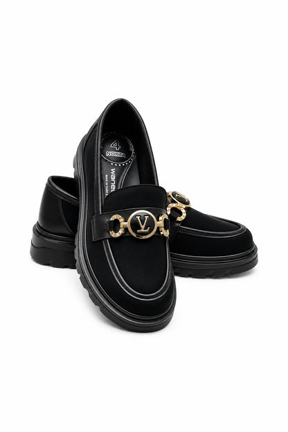 Altın Tokalı Süet Ortopedik Loafer - Siyah
