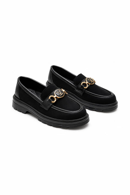 Altın Tokalı Süet Ortopedik Loafer - Siyah