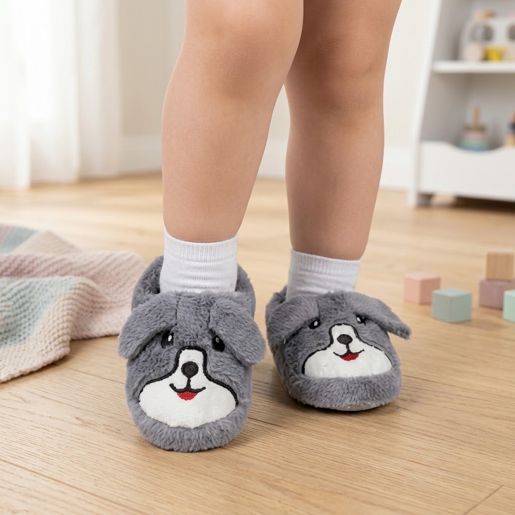 Çocuk Köpekli Peluş Panduf - Gri - 1. görsel