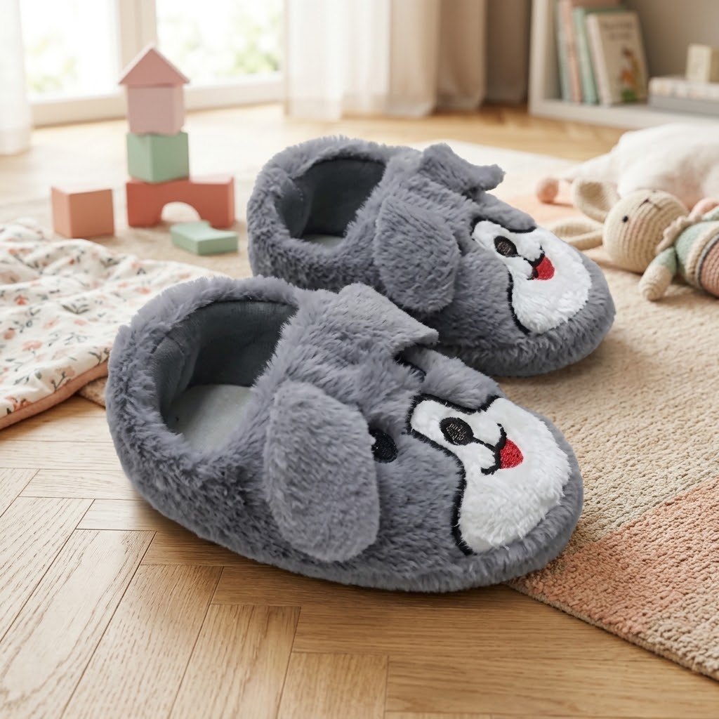 Çocuk Köpekli Peluş Panduf - Gri - 8. görsel