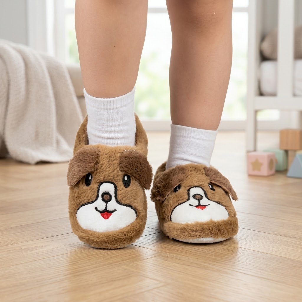 Çocuk Köpekli Peluş Panduf - Kahve - 1. görsel