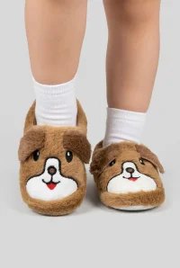 Çocuk Köpekli Peluş Panduf - Kahve - 2. görsel