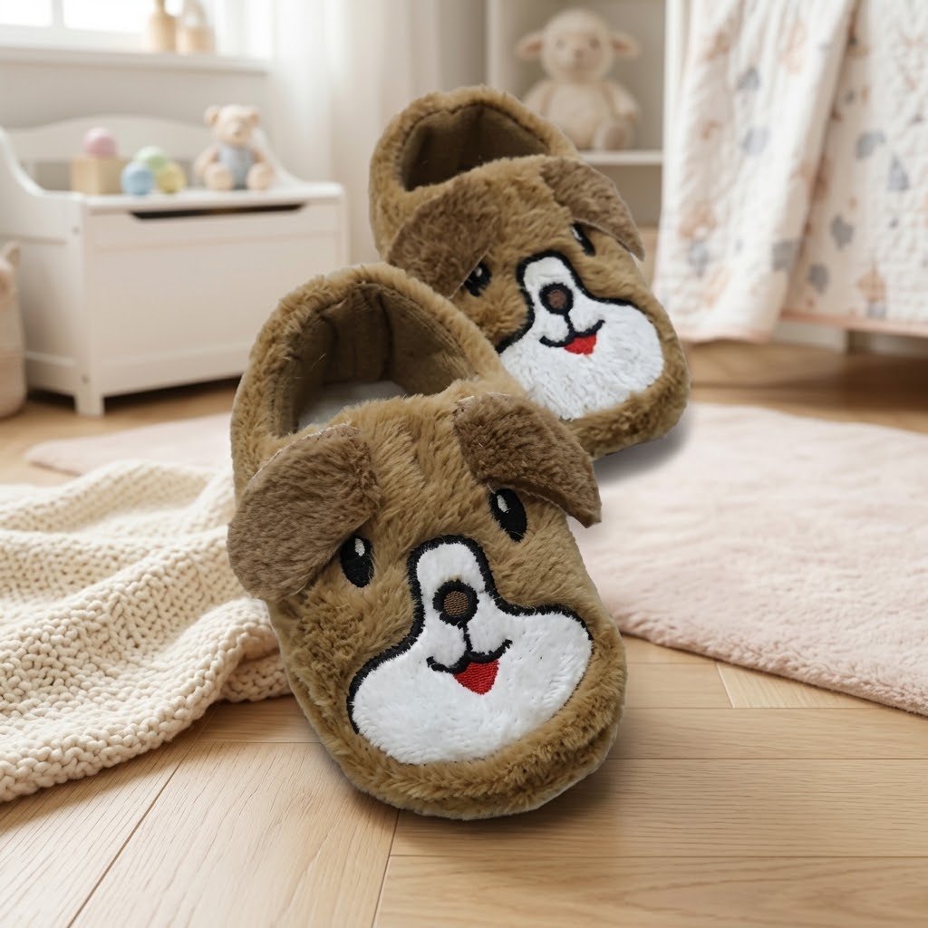 Çocuk Köpekli Peluş Panduf - Kahve - 8. görsel