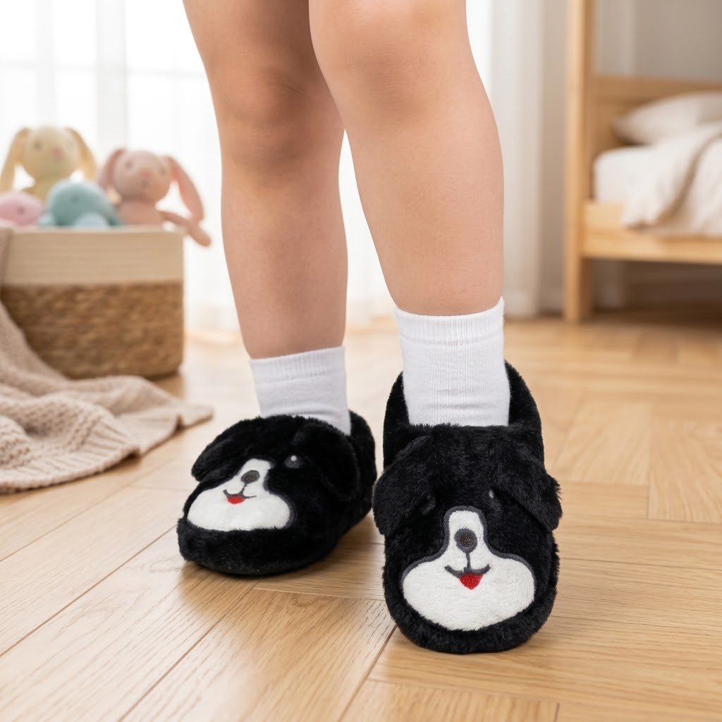 Çocuk Köpekli Peluş Panduf - Siyah - 1. görsel