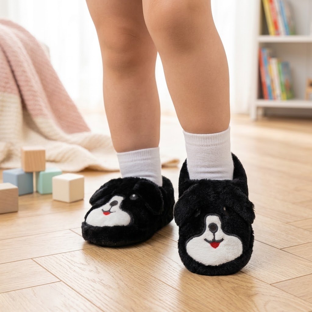 Çocuk Köpekli Peluş Panduf - Siyah - 2. görsel