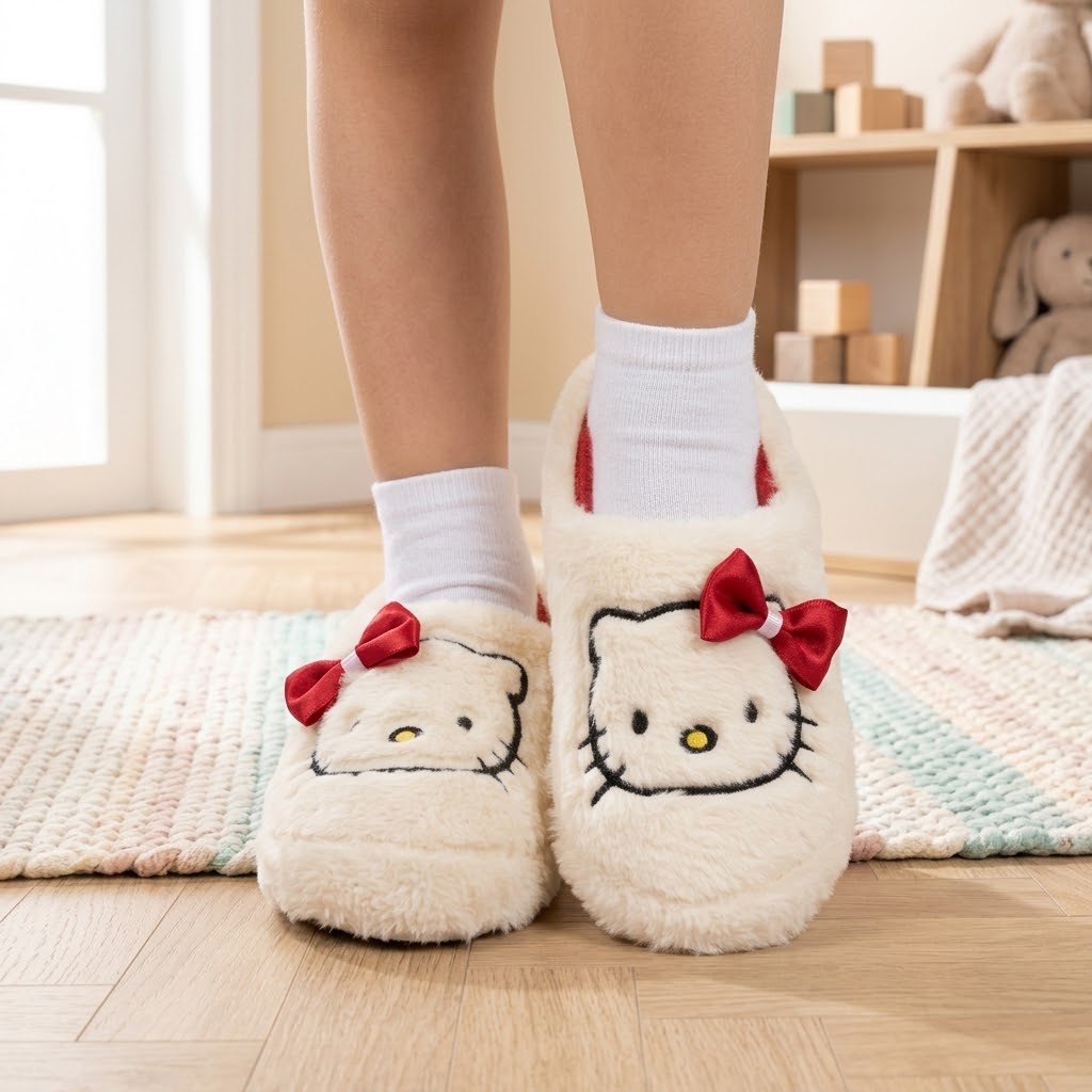 Kız Çocuk Kedi Figürlü Peluş Panduf - Beyaz - 1. görsel