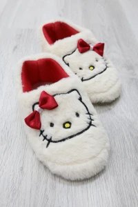Kız Çocuk Kedi Figürlü Peluş Panduf - Beyaz - 6. görsel