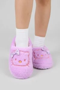 Kız Çocuk Kedi Figürlü Peluş Panduf - Mor - 3. görsel