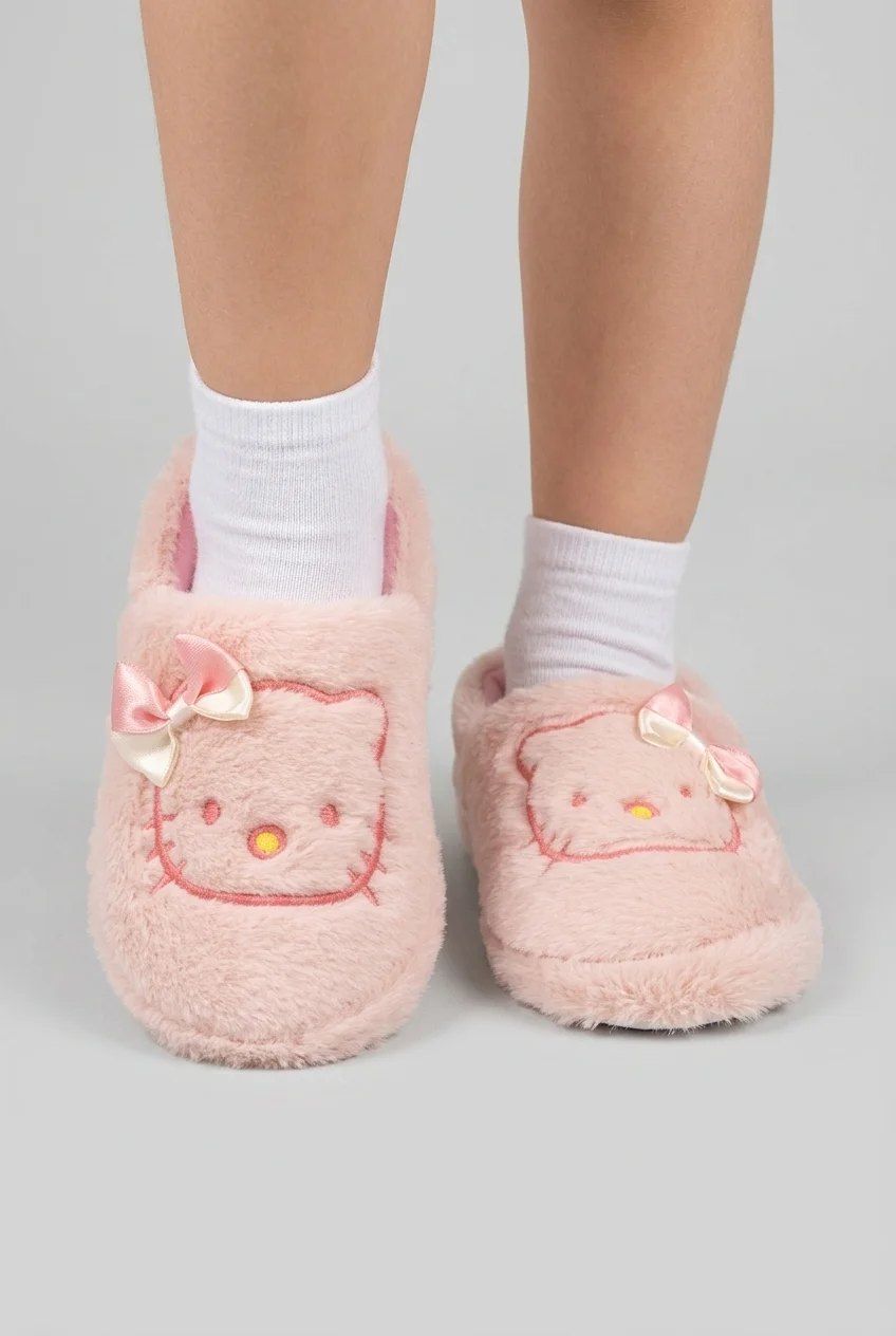 Kız Çocuk Kedi Figürlü Peluş Panduf - Pembe - 1. görsel