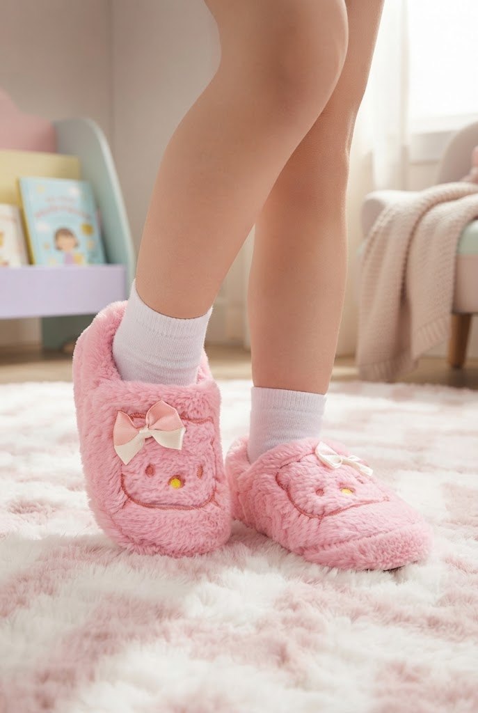 Kız Çocuk Kedi Figürlü Peluş Panduf - Pembe - 4. görsel