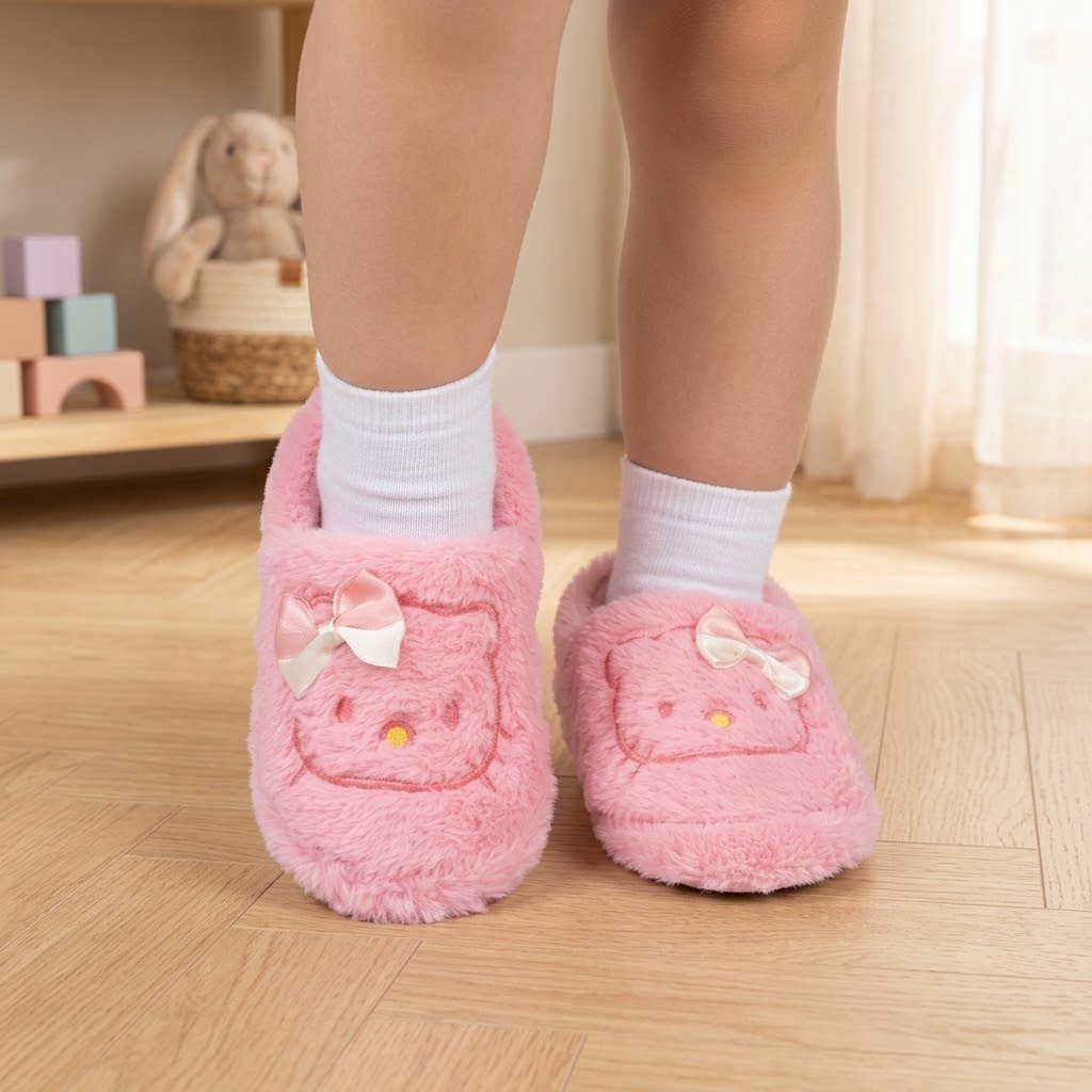Kız Çocuk Kedi Figürlü Peluş Panduf - Pembe - 5. görsel