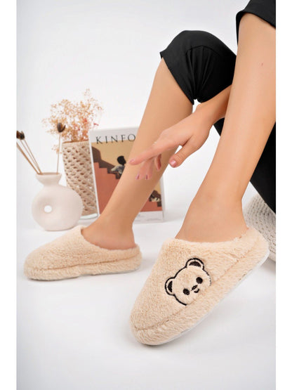 Tatlı Ayıcık Peluş Kadın Ev Terliği - Bej - 6. görsel