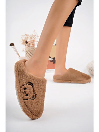 Tatlı Ayıcık Peluş Kadın Ev Terliği - Kahve - 3. görsel