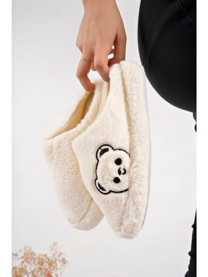 Tatlı Ayıcık Peluş Kadın Ev Terliği - Krem - 2. görsel