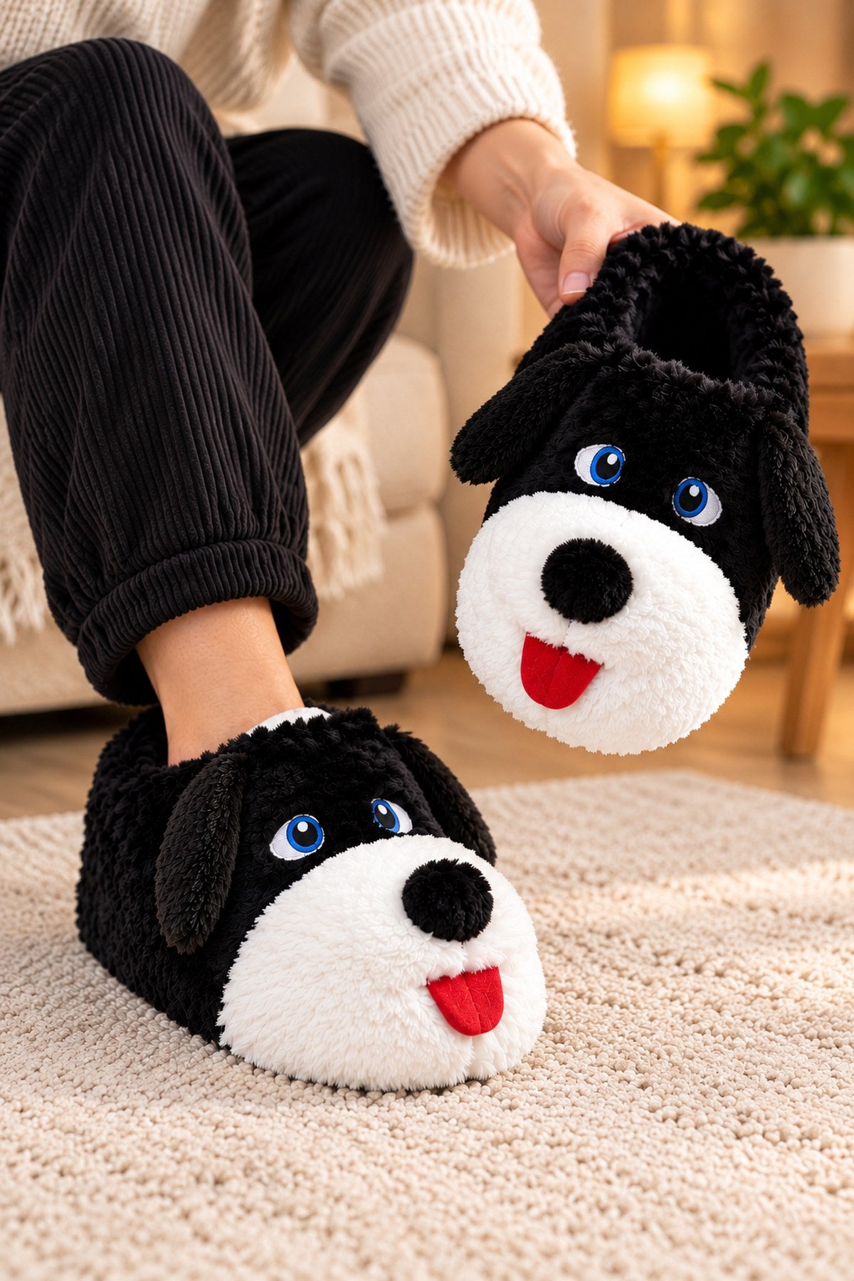 Sevimli Köpek Figürlü Peluş Unisex Ev Pandufu - Sevgili Kombin - Siyah