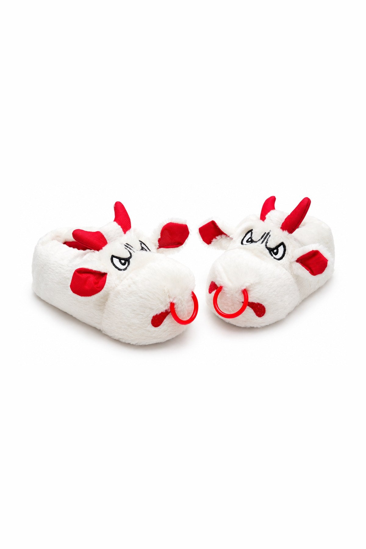 Kızgın Boğa Figürlü Peluş Unisex Ev Pandufu - Sevgili Kombin - Beyaz