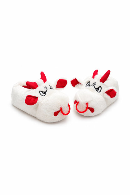 Kızgın Boğa Figürlü Peluş Unisex Ev Pandufu - Sevgili Kombin - Beyaz