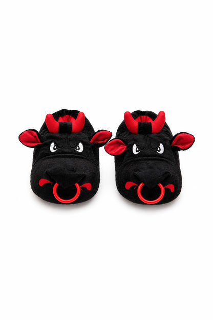 Kızgın Boğa Figürlü Peluş Unisex Ev Pandufu - Sevgili Kombin - Siyah