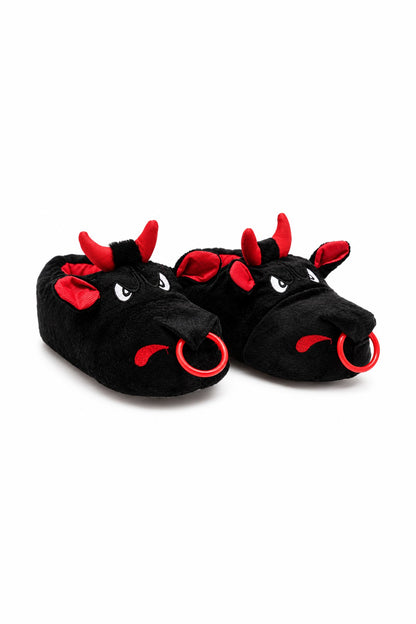 Kızgın Boğa Figürlü Peluş Unisex Ev Pandufu - Sevgili Kombin - Siyah