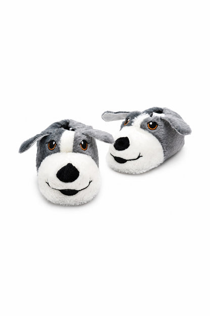 Sevimli Köpek Figürlü Peluş Unisex Ev Pandufu - Sevgili Kombin - Gri