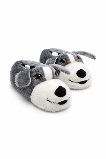 Sevimli Köpek Figürlü Peluş Unisex Ev Pandufu - Sevgili Kombin - Gri