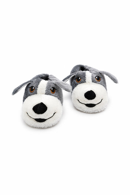 Sevimli Köpek Figürlü Peluş Unisex Ev Pandufu - Sevgili Kombin - Gri