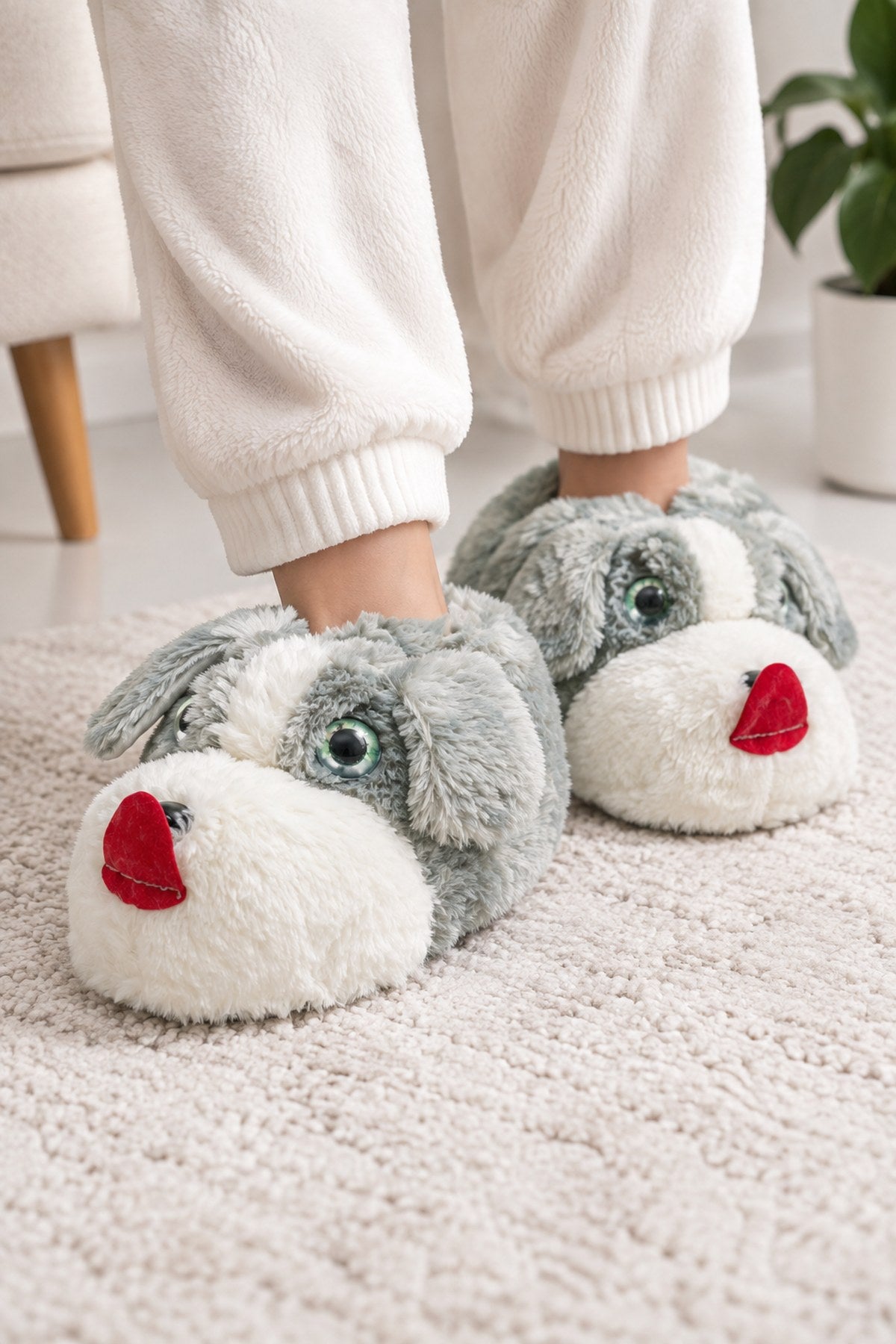 Sevimli Köpek Figürlü Peluş Unisex Ev Pandufu - Sevgili Kombin - Gri Dilli