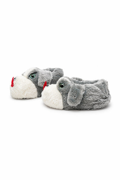 Sevimli Köpek Figürlü Peluş Unisex Ev Pandufu - Sevgili Kombin - Gri Dilli