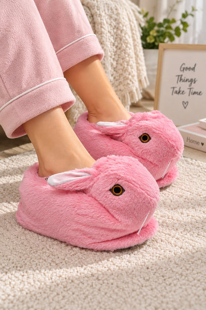 Sevimli Tavşan Figürlü Peluş Kadın Ev Pandufu - Pembe