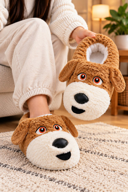 Sevimli Köpek Figürlü Peluş Unisex Ev Pandufu - Sevgili Kombin - Kahve