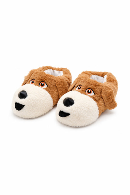 Sevimli Köpek Figürlü Peluş Unisex Ev Pandufu - Sevgili Kombin - Kahve