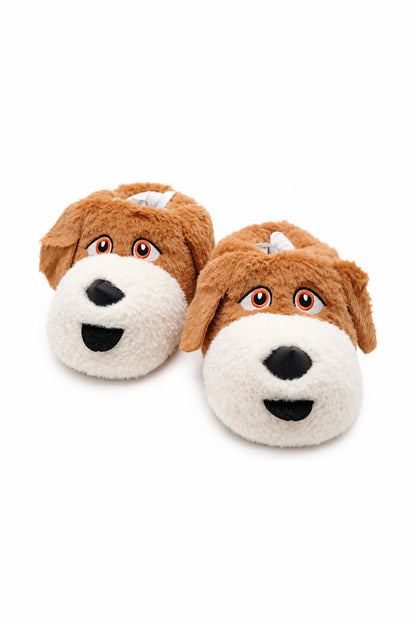Sevimli Köpek Figürlü Peluş Unisex Ev Pandufu - Sevgili Kombin - Kahve